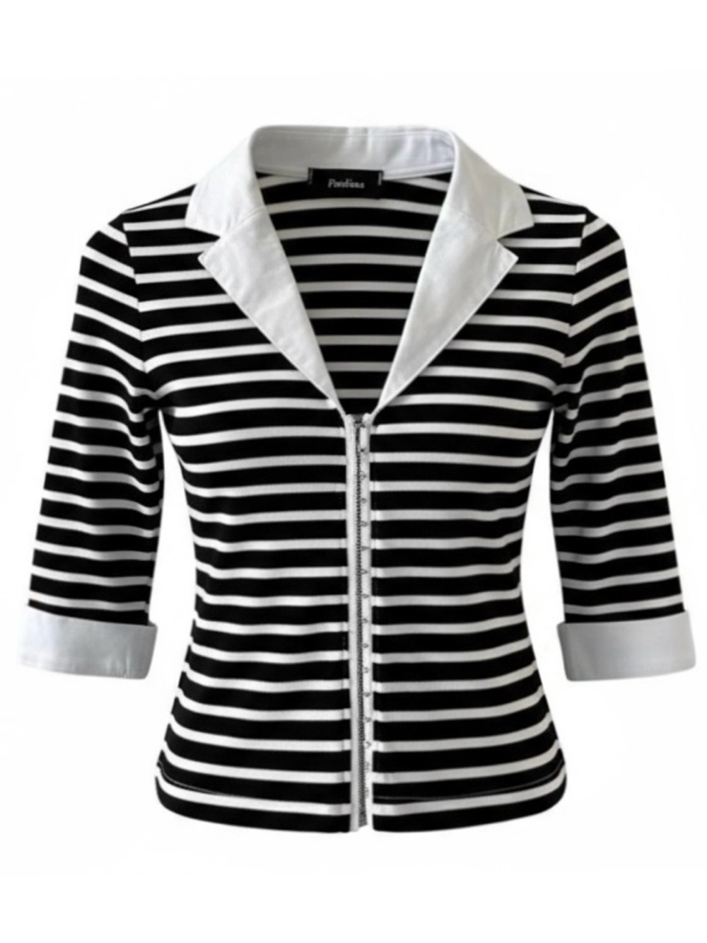 Paolina Black and White Striped Collared 3/4 Sleeve French Cuff Top Size 2